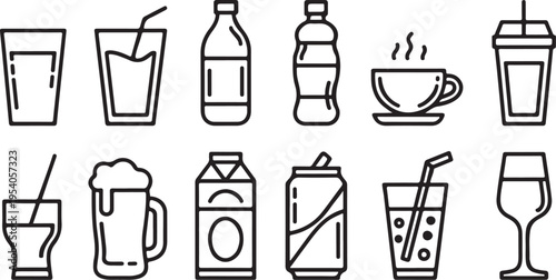 Drink line icons including glass and bottle and can and carton for water and juice and soda and milk and coffee and tea and beer and wine and champagne on checkered transparent background set