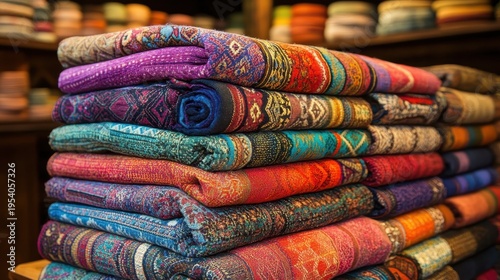 Stack of richly patterned, colorful woven textiles with intricate designs, suggesting a vibrant artisan market or fabric shop.