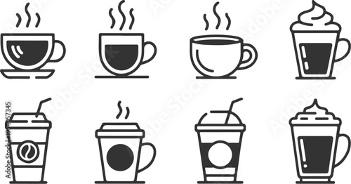 Assortment of hot and cold coffee beverage icons in flat design, showing cups, mugs, and takeaway containers, ideal for cafes.