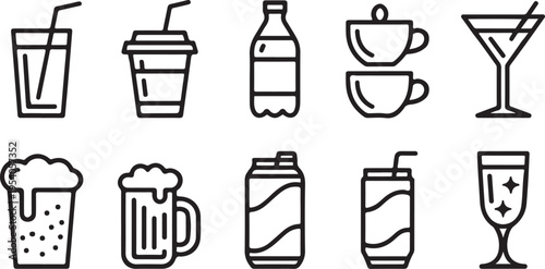 Set of popular drink icons in outline style, featuring cocktails, soda, beer, coffee, and juice, suitable for menus and websites.