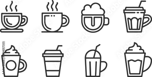 Variety of coffee and beverage icons in line art, featuring steaming cups, latte art, and takeaway drinks for cafes and menus.
