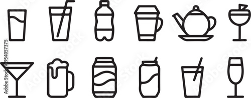 Water glass and beverage bottle line icons collection featuring tea and coffee and beer and wine and cocktail and juice and soda and milk and energy drink icons for menu on transparent background