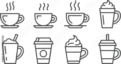 Coffee and tea cup icon set featuring linear outline design for beverage menu icons including latte macchiato espresso cappuccino takeaway mug and whipped cream topping on transparent background style
