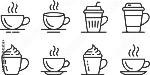 Vector line icons of coffee cups with various foam and steam details including takeaway options and saucers for professional cafe identity and menu interface design on transparent grid backgrounds