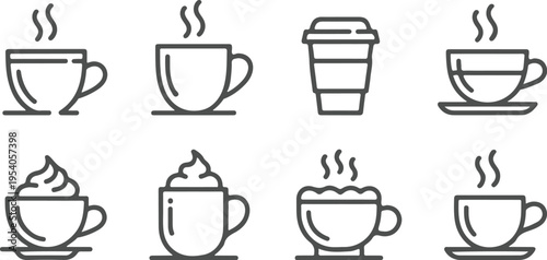 Set of eight gray outline coffee icons, hot beverage symbols, various coffee cups, coffee mugs, and disposable take away cups with steam over transparent background