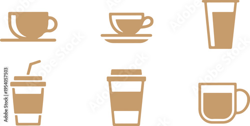 A collection of six brown coffee and tea cup icons in various styles, including a mug, teacup, and disposable cups with lids and straws. vector design on transparent background.
