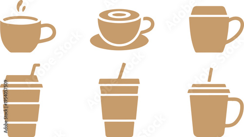 Set of outlined brown coffee cups and mugs, showcasing hot drinks with steam, travel containers, and classic mugs in a simple design style.