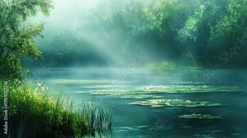 Tranquil lake with lily pads bathed in soft sunlight and mist amidst lush green forest scenery.