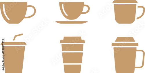 Set of brown coffee cups and mugs icons, representing hot beverages, travel cups, and classic mugs for cafe and beverage themes.