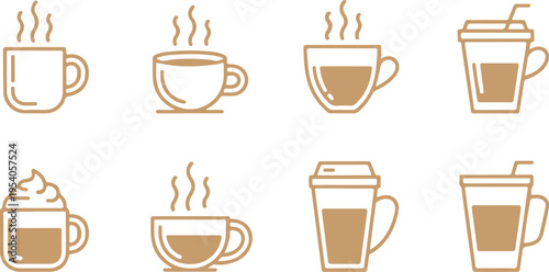 Set of minimalist brown line art icons of coffee cups, mugs, and travel cups, featuring hot beverages and steam for cafe themes.
