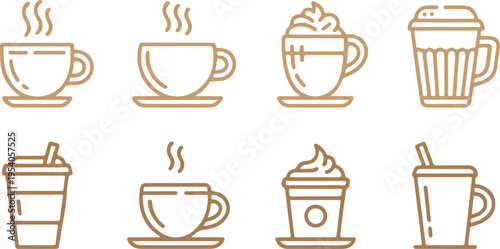 Beverage cup collection featuring hot coffee mugs and takeaway containers with steam and straw elements in brown line art style for restaurant menu design and cafe branding assets on transparent base