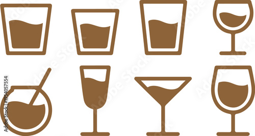 Set of eight isolated drink glass and cup silhouettes in brown color, containing various liquids and featuring different shapes and styles on transparent background