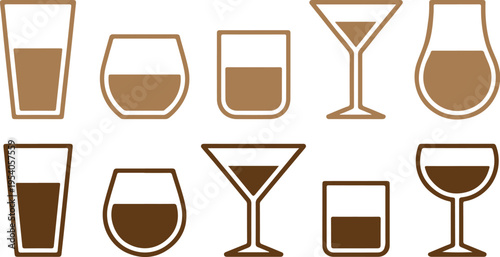 Collection of ten different isolated drink glasses and stemware in various shades of brown, some with liquid, on a transparent background illustrating diverse shapes