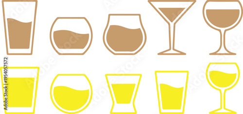 Alcoholic beverage glasses collection with colorful liquid silhouettes including martini wine and beer glass icons for catering and party design set on transparent background for easy editing use
