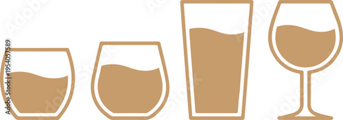 Brown drink glassware silhouettes set featuring four different glass shapes with liquid fill levels for rustic beverage design and catering concepts on transparent background for professional use