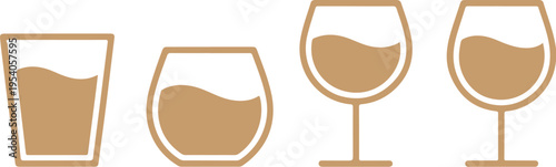 Professional brown beverage glass icons including wine glasses and tumblers for catering and restaurant menu design projects on transparent background featuring liquid silhouettes for versatility