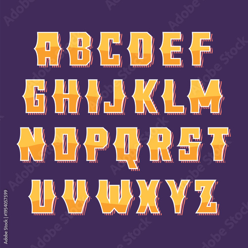 A stylized alphabet display with yellow letters on a purple background