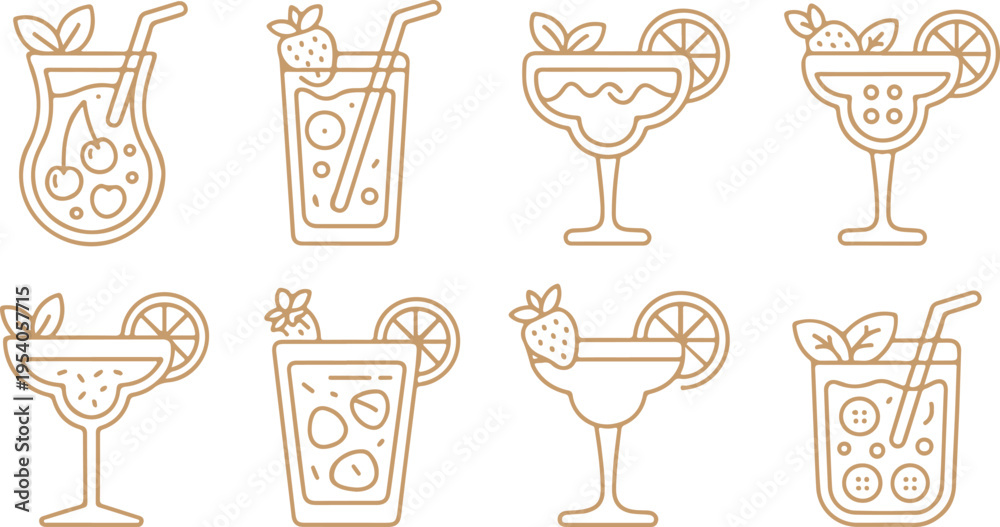 Fototapeta premium Set of outline cocktail and drink icons in beige color, showcasing glasses with fruits and ice, ideal for summer party menus and refreshing beverage designs, vector graphics