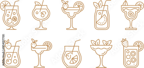 Set of ten outline beige cocktail icons, various alcoholic and non-alcoholic drinks, tropical beverages, summer refreshments, party menu items, refreshing beverages