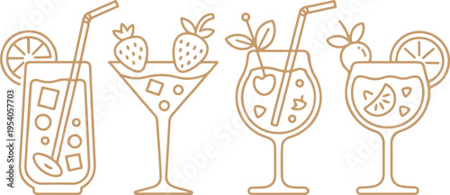 Set of four outline beige cocktail icons, long drink, martini glass with strawberry, wine glass with ice, tall glass with citrus, many various garnishes