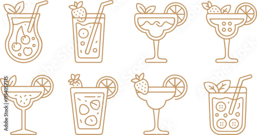 Set of outline cocktail and drink icons in beige color, showcasing glasses with fruits and ice, ideal for summer party menus and refreshing beverage designs, vector graphics