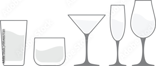 Set of various glasses with liquid, including tumblers, martini, wine, and champagne glasses, depicting different levels of beverages, vector illustration for design purposes