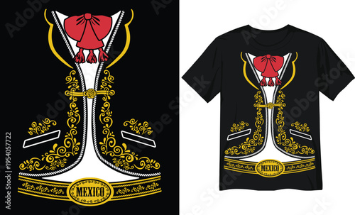 Traditional Mexican Mariachi Suit Costume Design with Gold Embroidery and Red Bow Tie