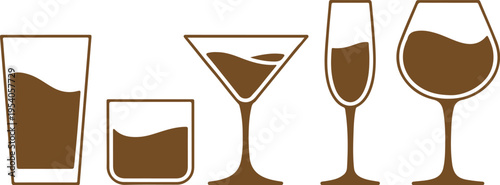 Set of various glasses filled with liquid in brown color, featuring tumblers, martini, wine, and champagne glasses, vector illustration for graphic design projects