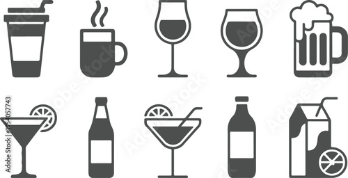 Grey beverage silhouettes collection featuring coffee cups wine glasses beer mugs and juice cartons for restaurant branding and informational signage isolated on a transparent checkerboard pattern