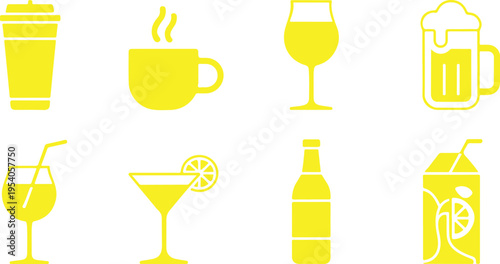 Yellow beverage icons set showing coffee cup beer mug wine glass cocktail glass juice box and water bottle for cafe menu items and takeaway drink labels isolated on transparent checkered background