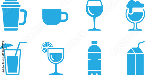 Set of eight isolated icon illustrations displaying various drink containers and glasses, rendered in a vibrant blue color on a transparent checkered background