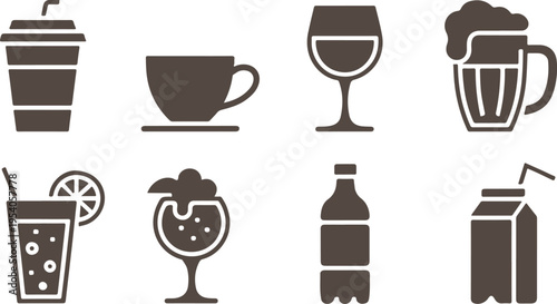 Set of eight beverage icons including coffee cup, wine glass, beer mug, soda cup, cocktail, bottle, and juice box on transparent background vector illustration