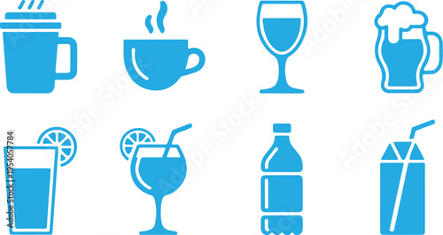 Set of eight isolated icon illustrations displaying various drink containers and glasses, rendered in a vibrant blue color on a transparent checkered background