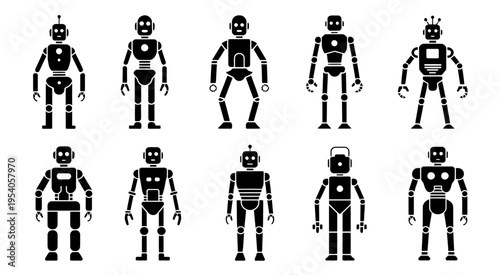 A collection of ten diverse black silhouette robots showing various designs and mechanical features isolated on white background, Vector, illustration