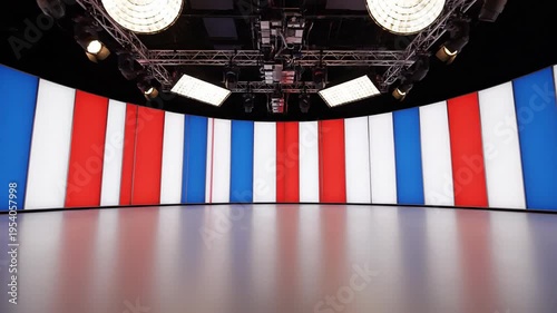 Studio backdrop with vertical red white and blue stripes for tv or video production