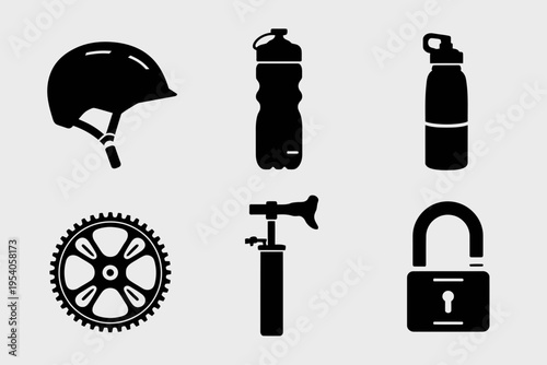 Set of black bicycle equipment icons featuring a helmet water bottle chainring pump and padlock isolated on white background, Vector, illustration