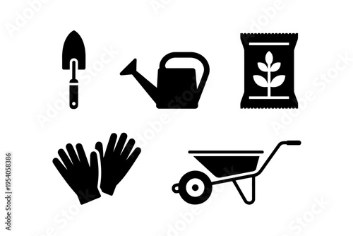 Set of black silhouette icons representing essential gardening tools and equipment for planting isolated on white background, Vector, illustration