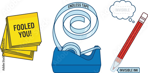 A stack of yellow sticky notes reads 'Fooled You!' next to a tape dispenser with endless tape and a red pencil with invisible.