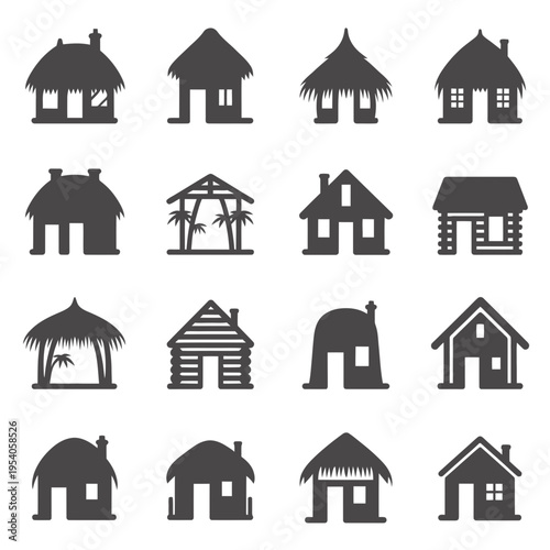 A collection of sixteen diverse house and hut icons representing various architectural styles isolated on white background, Vector, illustration