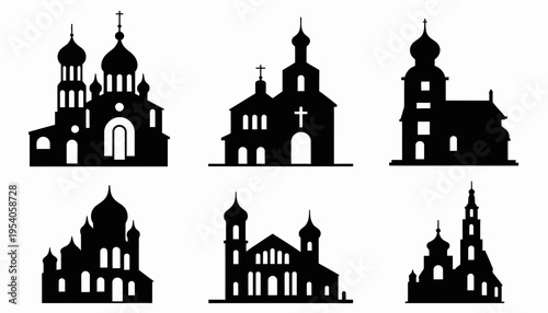 A collection of black silhouette icons representing various traditional orthodox church buildings isolated on white background, Vector, illustration