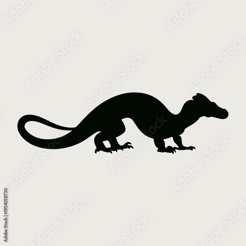 A silhouette of a small reptilian creature with a curved tail and four legs in a walking posture isolated on white background, Vector, illustration