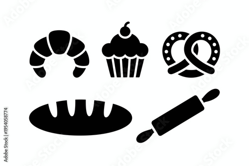 Set of black silhouette icons featuring various baked goods and a wooden kitchen rolling pin tool isolated on white background, Vector, illustration