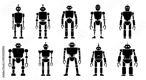 A collection of ten distinct black silhouette robot characters arranged in two horizontal rows isolated on white background, Vector, illustration