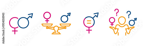 gender icon set, outline icons of female and male signs, gender question, sex of newborn, scales with girl and boy indicators, line symbol with editable stroke