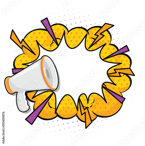 A colorful illustration of a megaphone surrounded by vibrant speech bubbles and lightning bolts on a white background