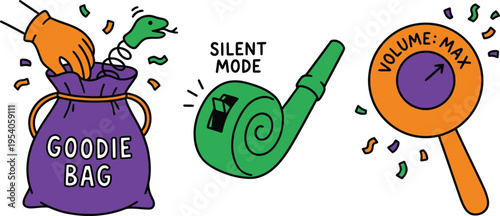 A hand pulls a spring snake from a purple goodie bag next to party noisemakers set to silent or maximum volume settings.