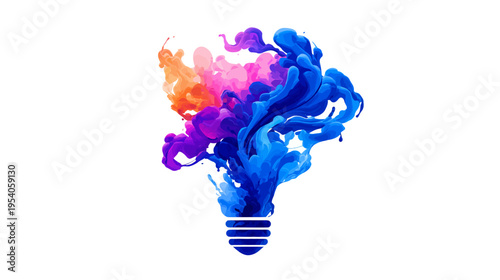Colorful, abstract illustration depicts a lightbulb with vibrant smoke or paint emanating upwards