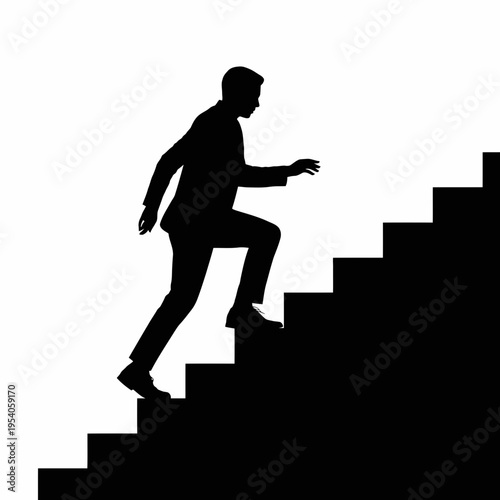 A silhouette of a determined businessman climbing up the steps towards his professional success isolated on white background, Vector, illustration