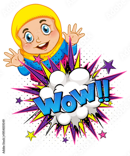 A cartoon child in a yellow hooded jacket is excitedly expressing surprise with a wow explosion