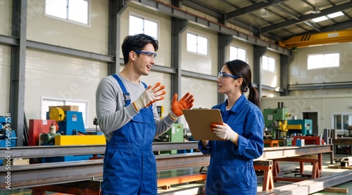 Two factory workers discussing a project in an industrial plant. Male and female engineers in blue uniforms and safety gear talking while holding a clipboard
